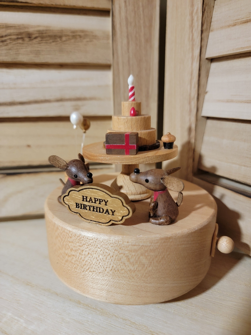 Wooden "Happy Birthday" Music Box with Tiny Animals